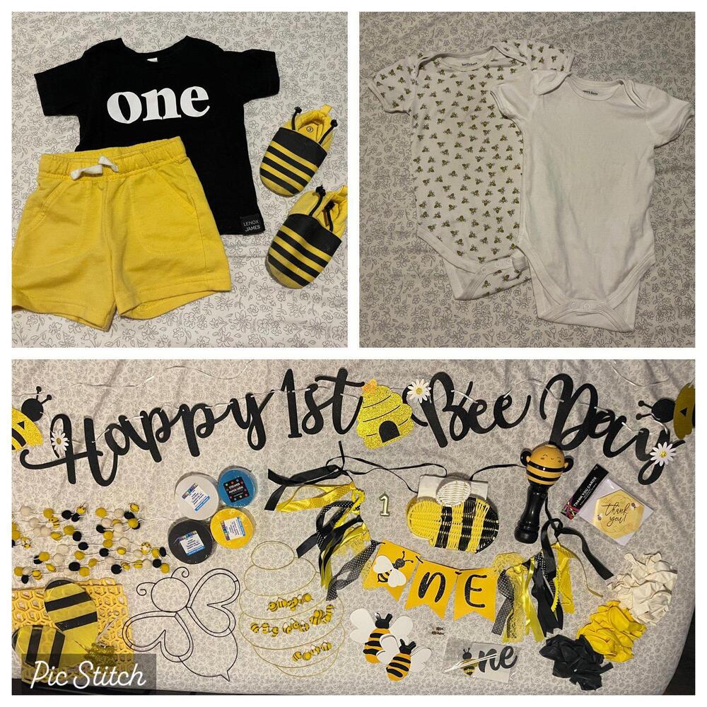 Bee-Themed 1st Birthday Bundle | Happy Bee-Day Décor + Outfits + Balloons